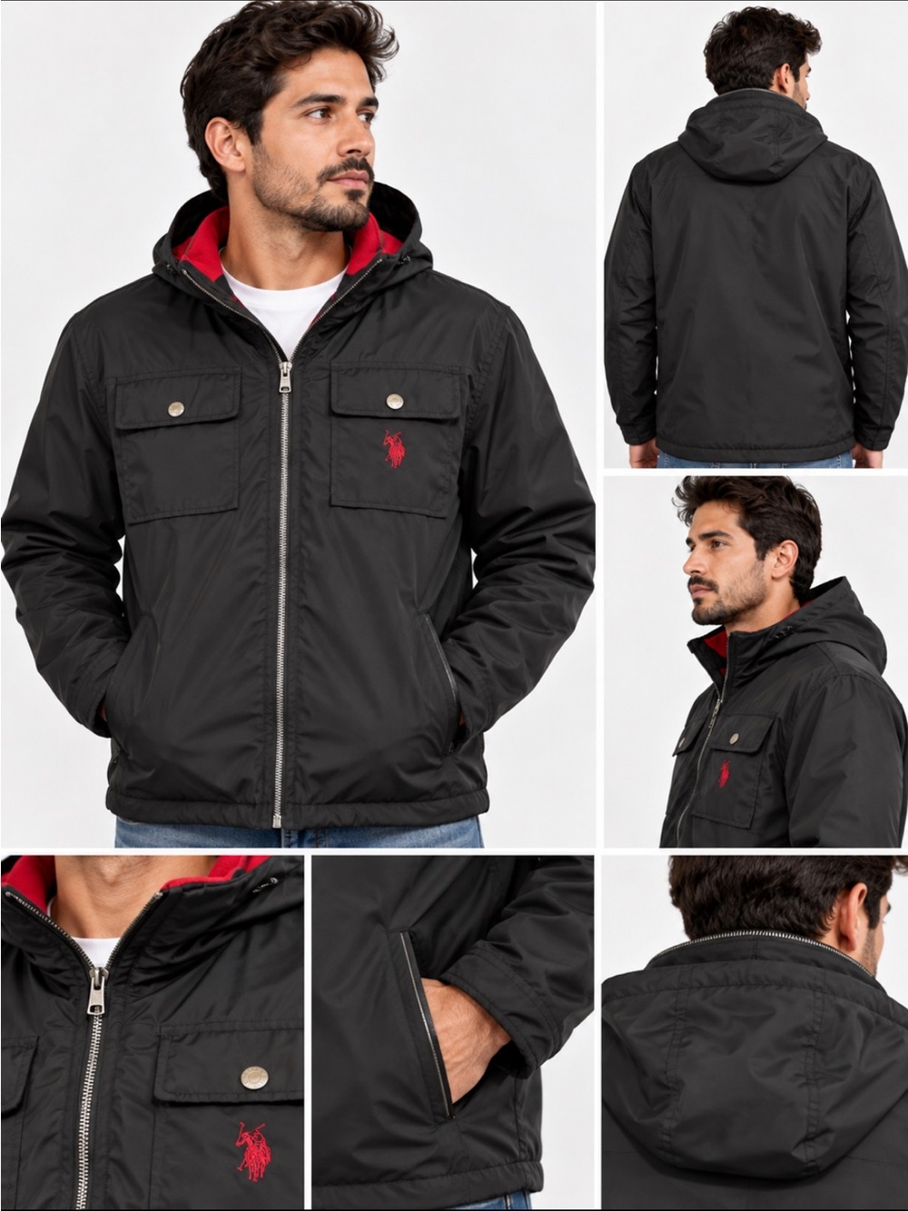 U.S. Polo Assn. Black Hooded Puffer Jacket with Red Logo Trim